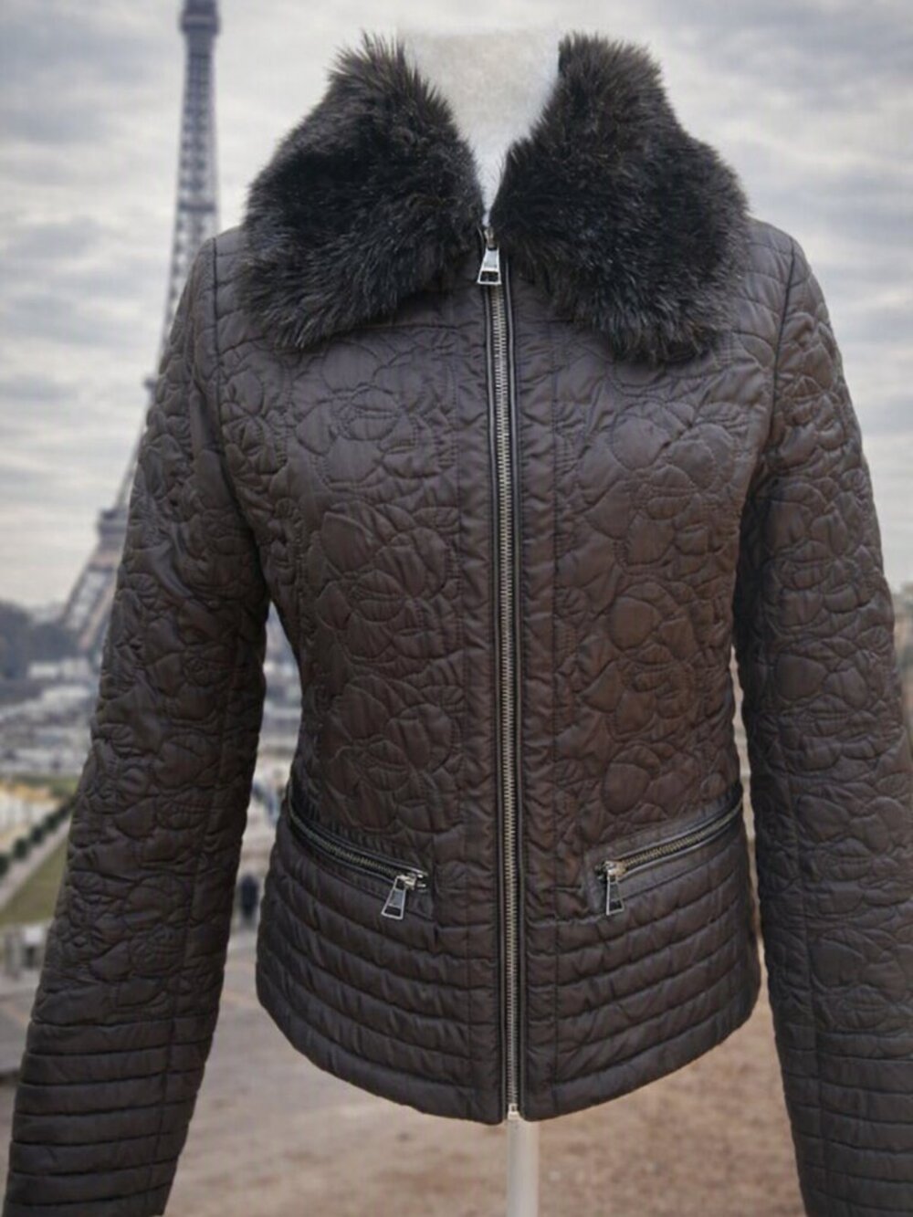 Karl Lagerfeld Paris Quilted Jacket Brown Faux Fur Collar Zip Pockets Outerwear